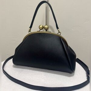 Black Pebble Cowhide Leather Handmade Retro Style Kisslock Bag, Multi Use Style